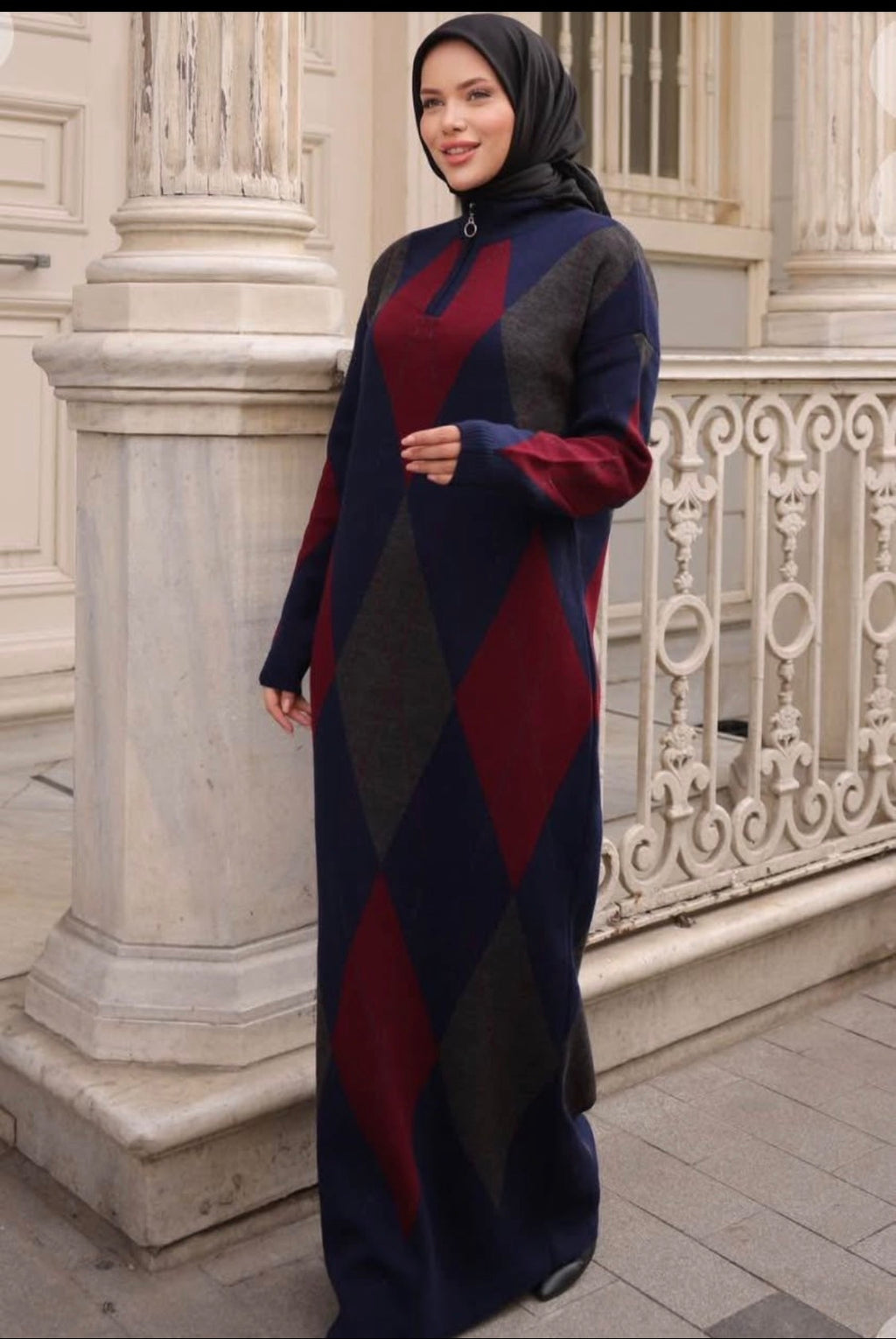 Women’s Modest Diamond Pattern Knit Maxi Dress – Long Sleeve Loose Fit Casual Maxi Dress