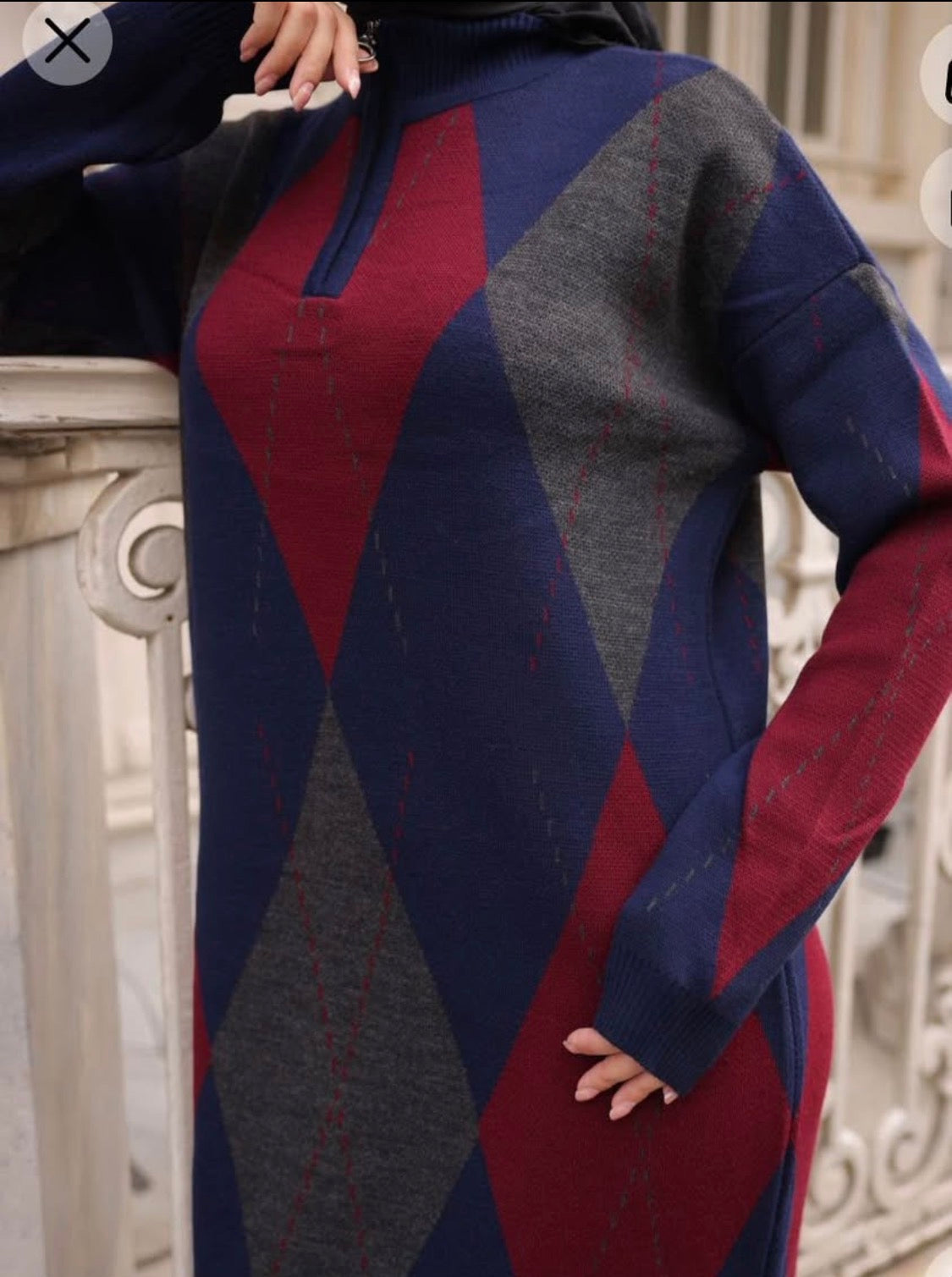 Women’s Modest Diamond Pattern Knit Maxi Dress – Long Sleeve Loose Fit Casual Maxi Dress