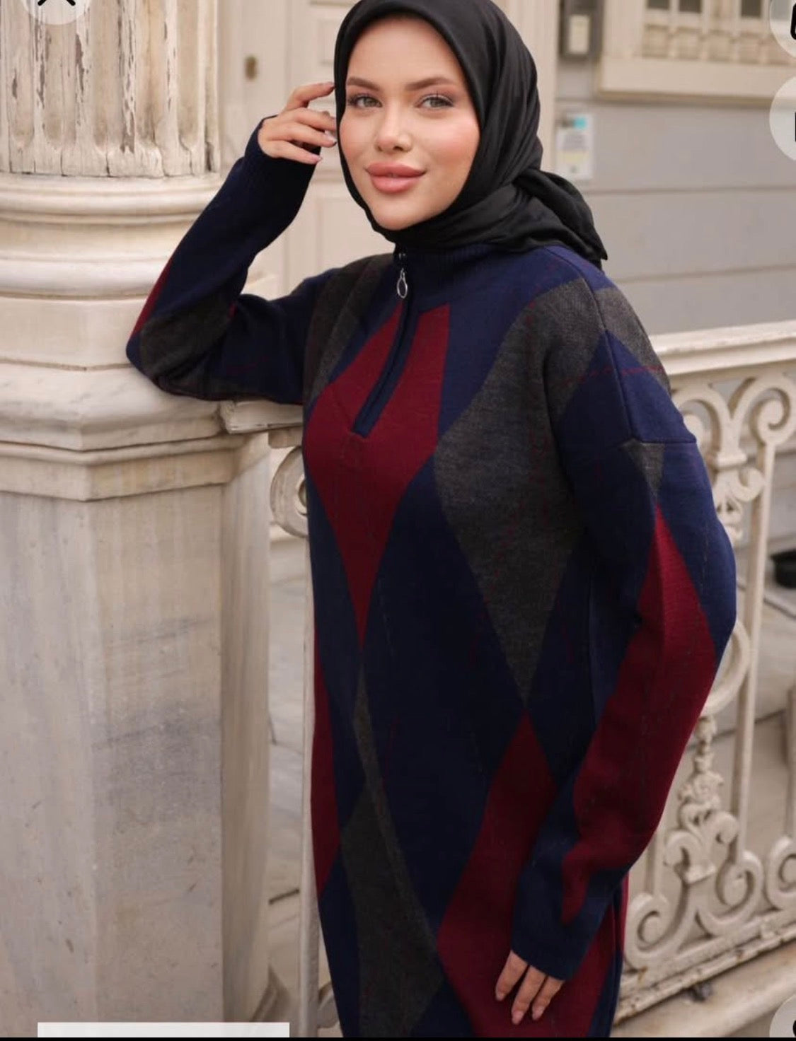Women’s Modest Diamond Pattern Knit Maxi Dress – Long Sleeve Loose Fit Casual Maxi Dress