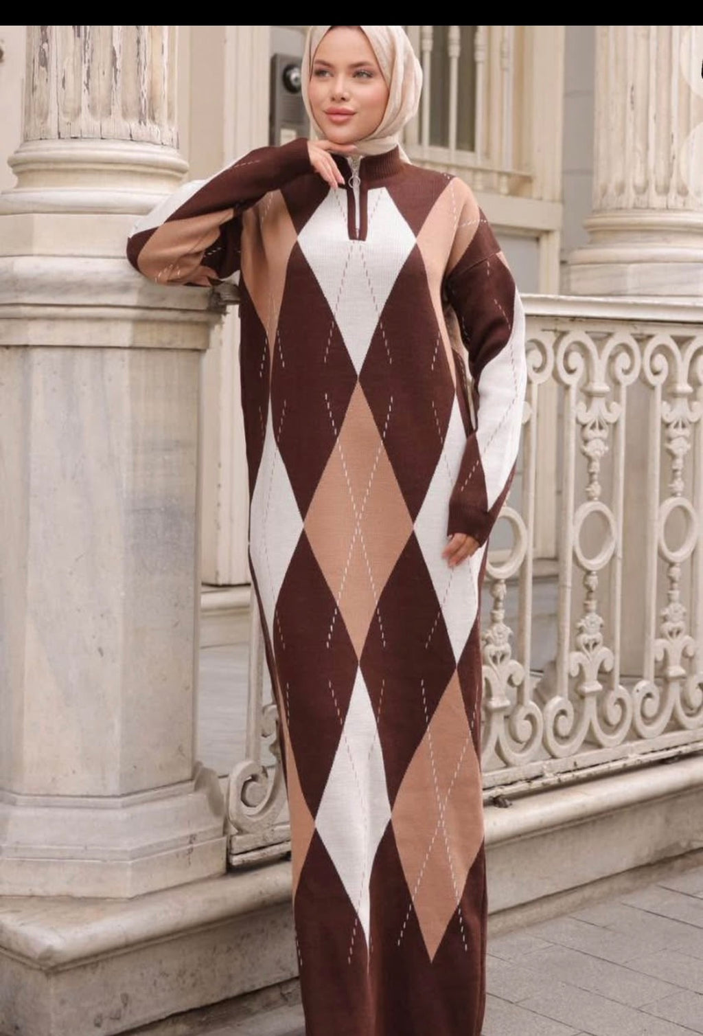 Modest Knit Maxi Dress – Long Sleeve Geometric Pattern Sweater Dress