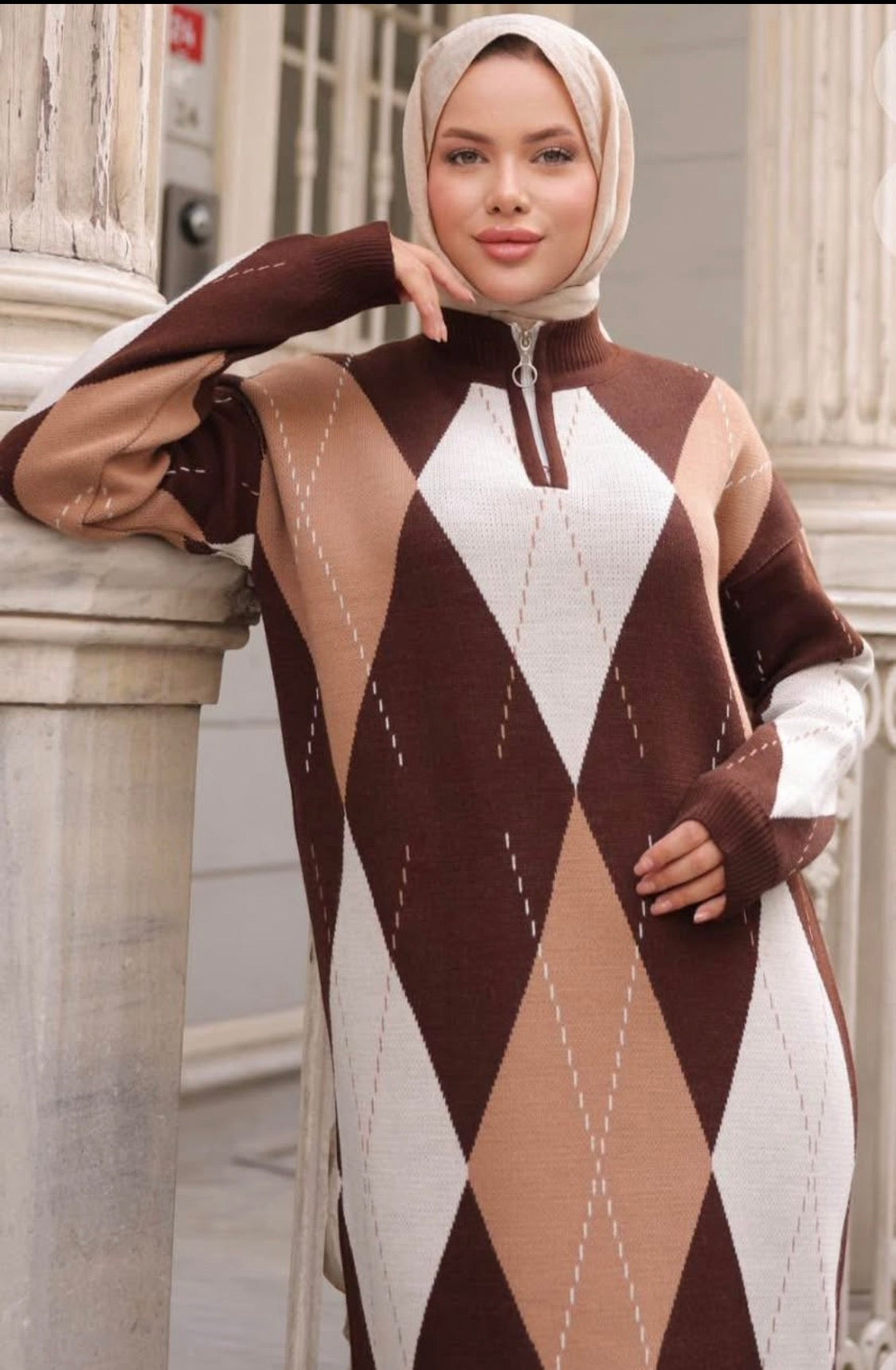Modest Knit Maxi Dress – Long Sleeve Geometric Pattern Sweater Dress